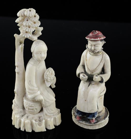 A Chinese ivory figure of a lady seated beneath a tree and an Indian ivory figure of a seated man, 19th century, 10.5 and 8.5cm